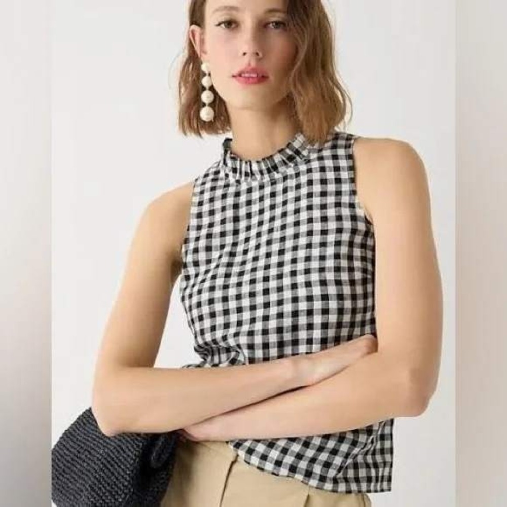 J. Crew Linen Gingham Ruffle Neck‎ Sleeveless Top Cottage Core - Size S/M - Picture 6 of 6